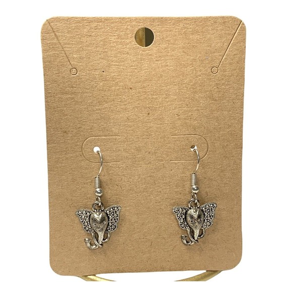 Elephant Head Earrings Silver Tone Big Ears Dangle Bali Style Good Luck Trunk Up - Picture 4 of 8